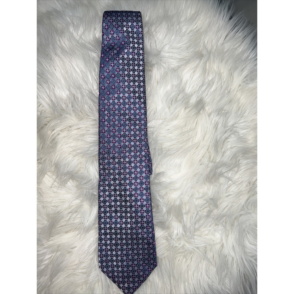 Canali Men Blue Floral Pink Medallion 100% Silk Tie Made in Italy Classic 3.5in
